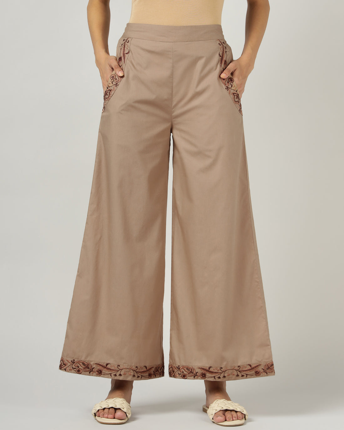 Mocha Embroidered Wide-Leg Trouser - 3041