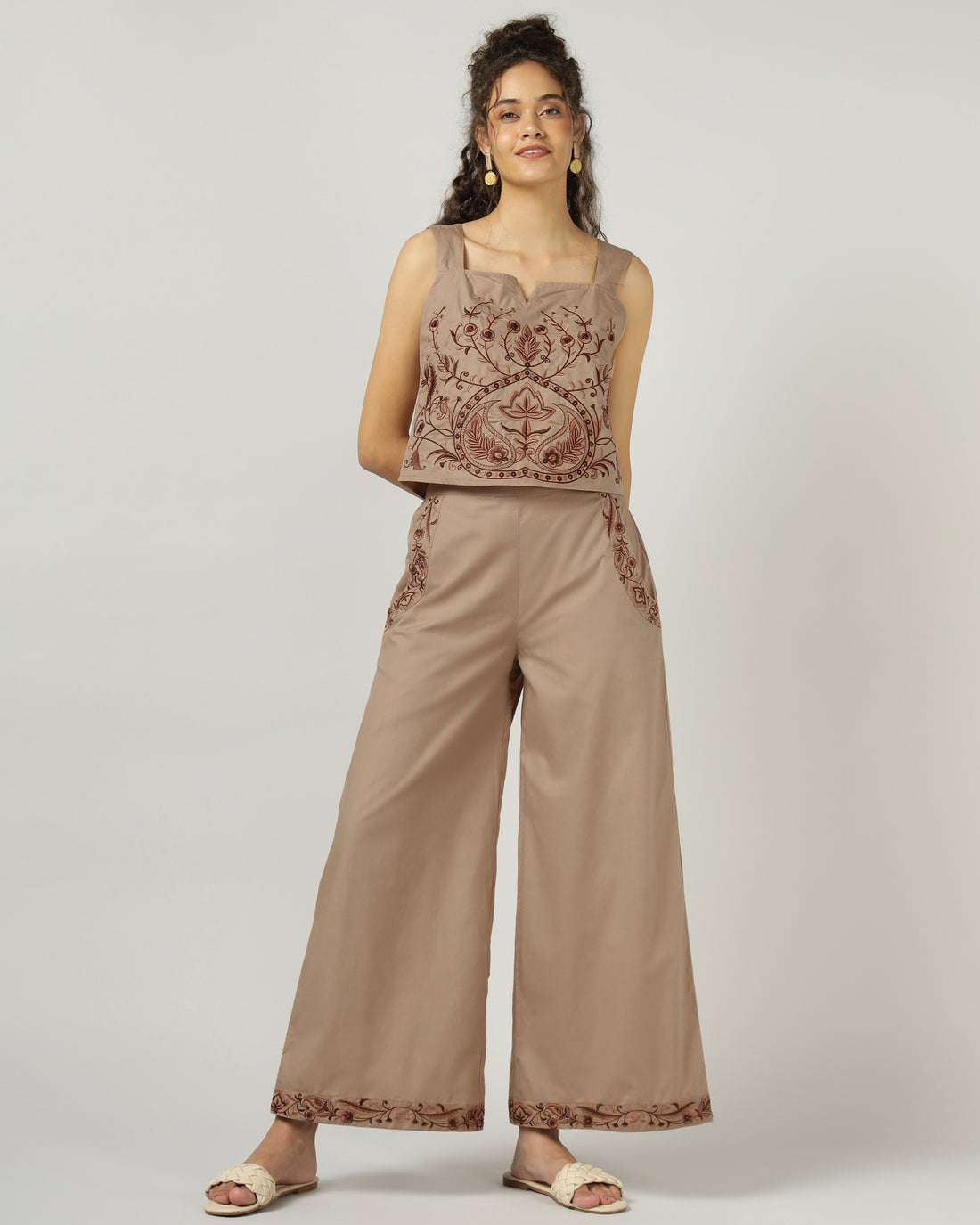 Mocha Embroidered Wide-Leg Trouser - 3041