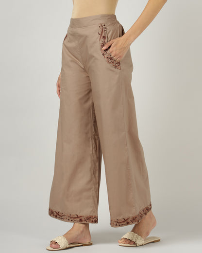 Mocha Embroidered Wide-Leg Trouser - 3041