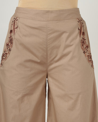 Mocha Embroidered Wide-Leg Trouser - 3041