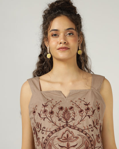 Mocha Poplin Embroidered co-ord set - 3039
