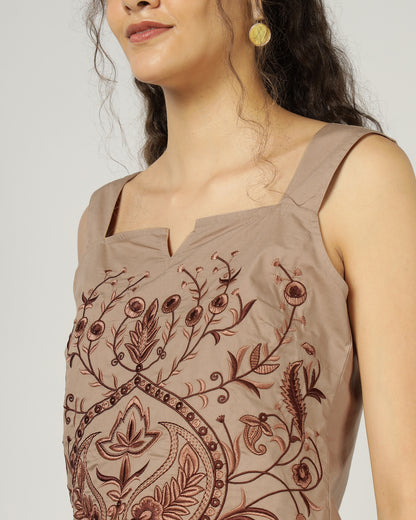 Mocha Fully embroidered strap top - 3040