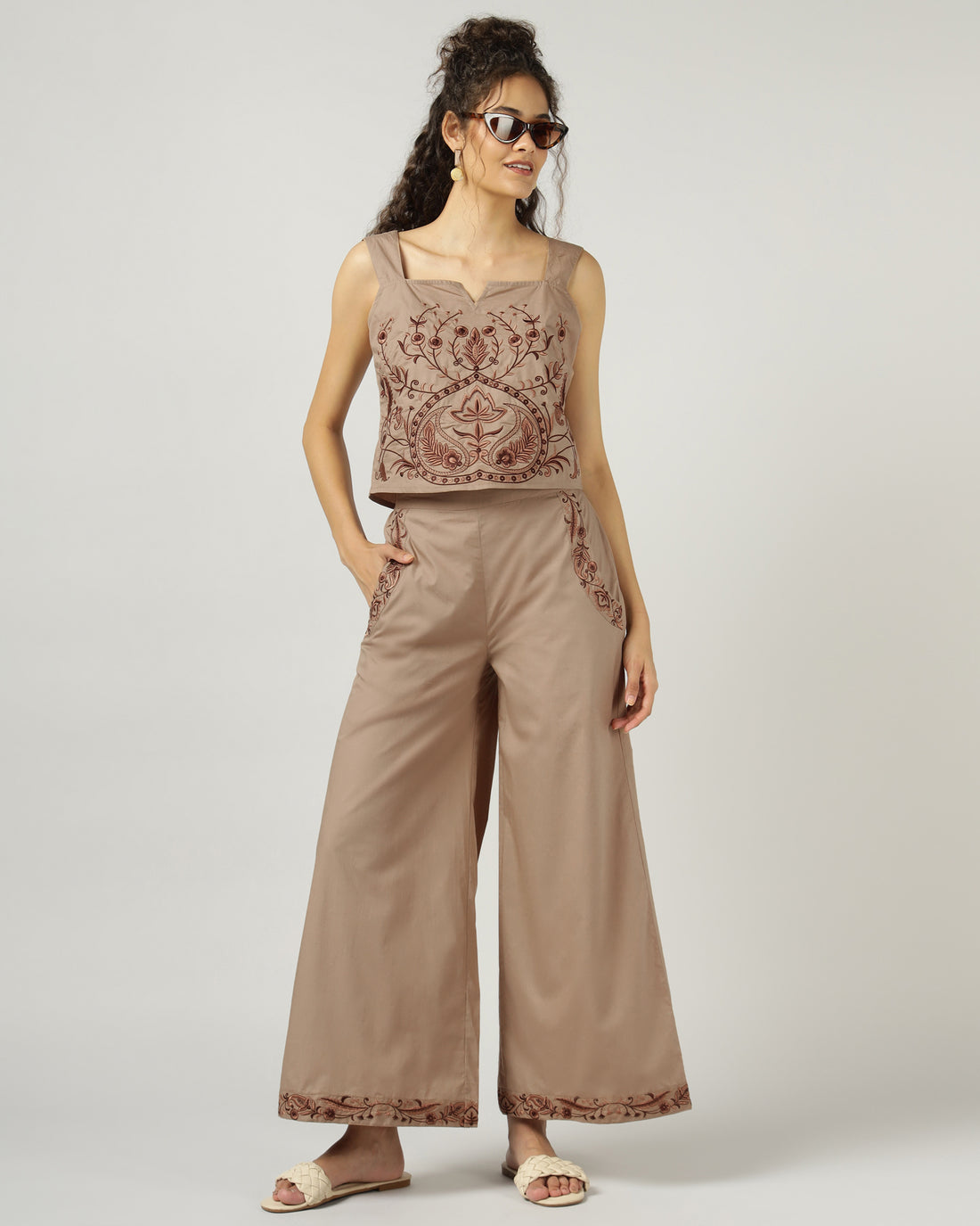 Mocha Poplin Embroidered co-ord set - 3039