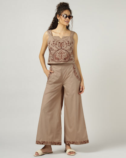 Mocha Poplin Embroidered co-ord set - 3039