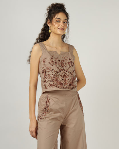 Mocha Poplin Embroidered co-ord set - 3039