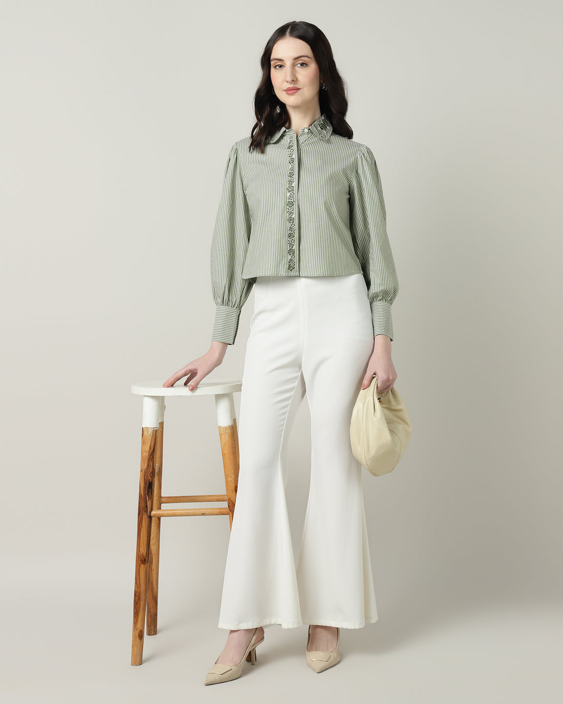 Women’s Green &amp; White Striped Embroidered Crop Shirt -3093