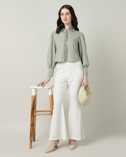 Women’s Green &amp; White Striped Embroidered Crop Shirt -3093