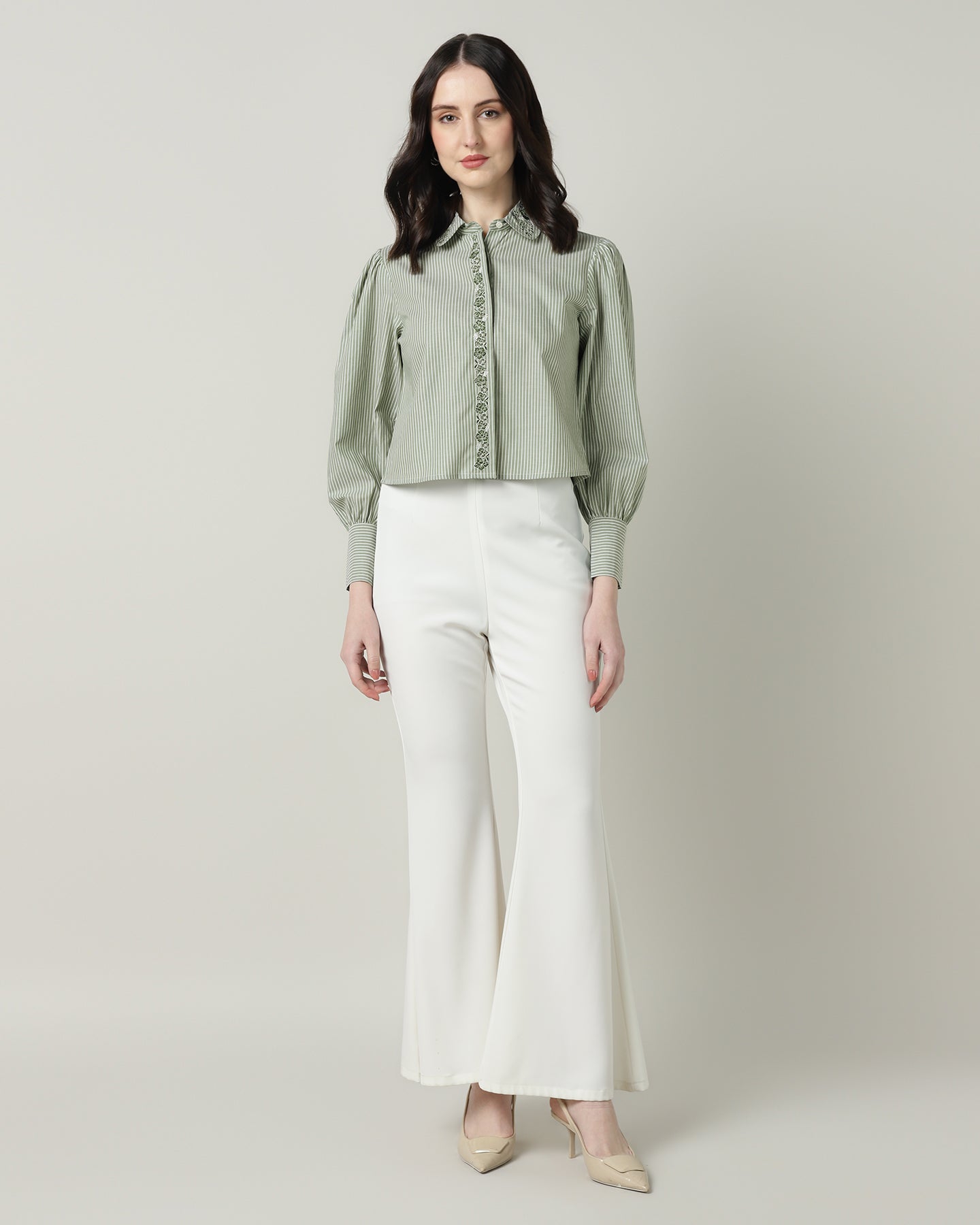 Women’s Green &amp; White Striped Embroidered Crop Shirt -3093