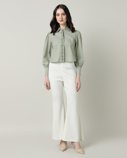 Women’s Green &amp; White Striped Embroidered Crop Shirt -3093