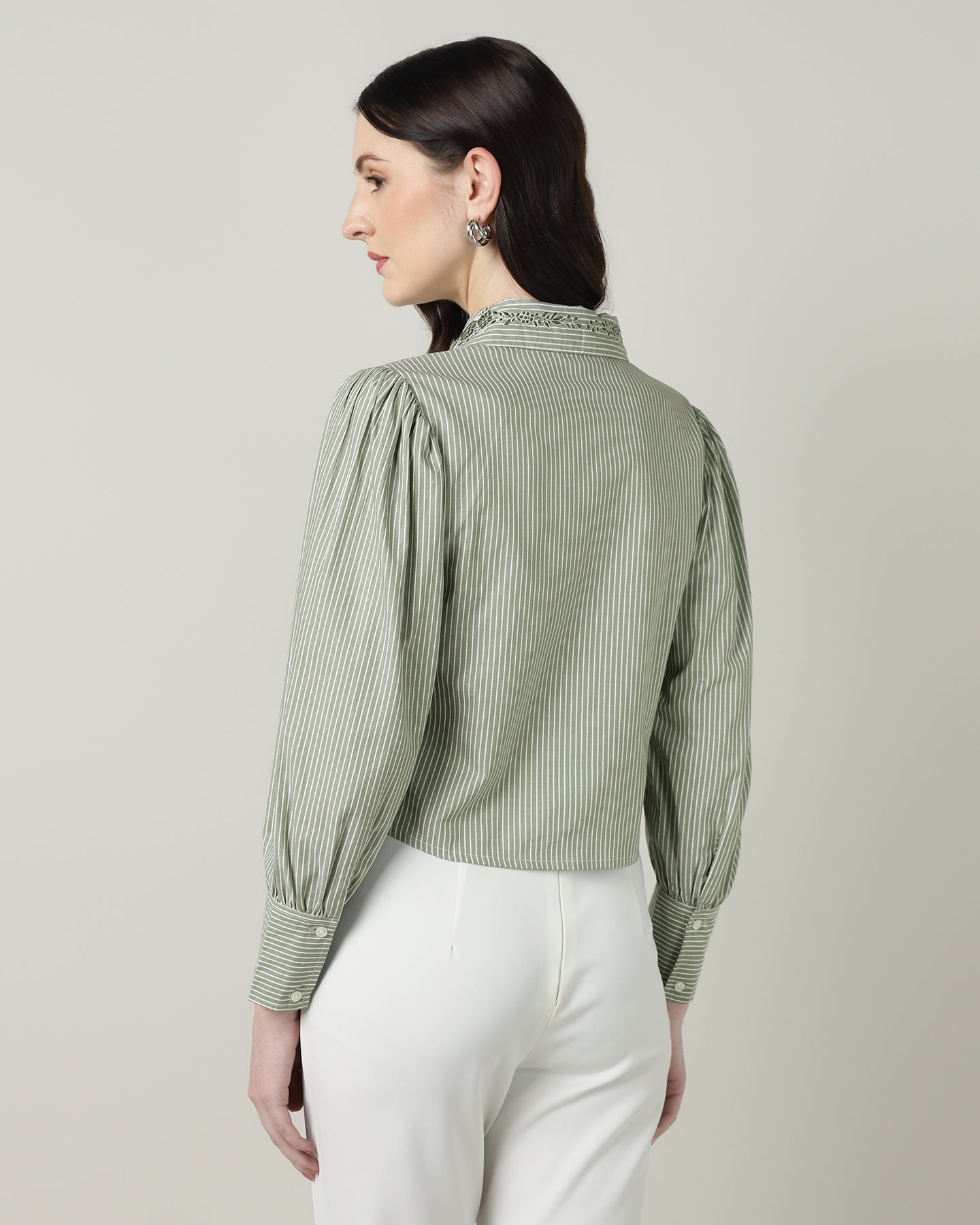 Women’s Green &amp; White Striped Embroidered Crop Shirt -3093