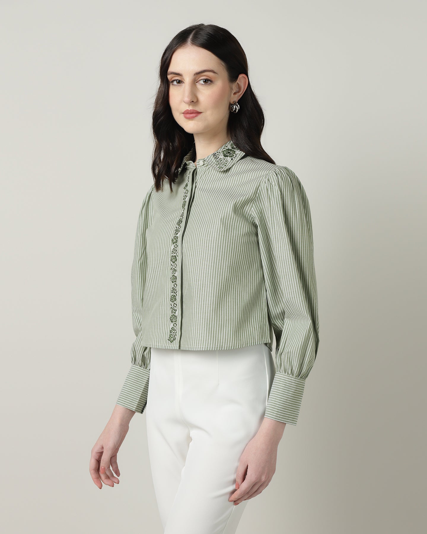 Women’s Green &amp; White Striped Embroidered Crop Shirt -3093