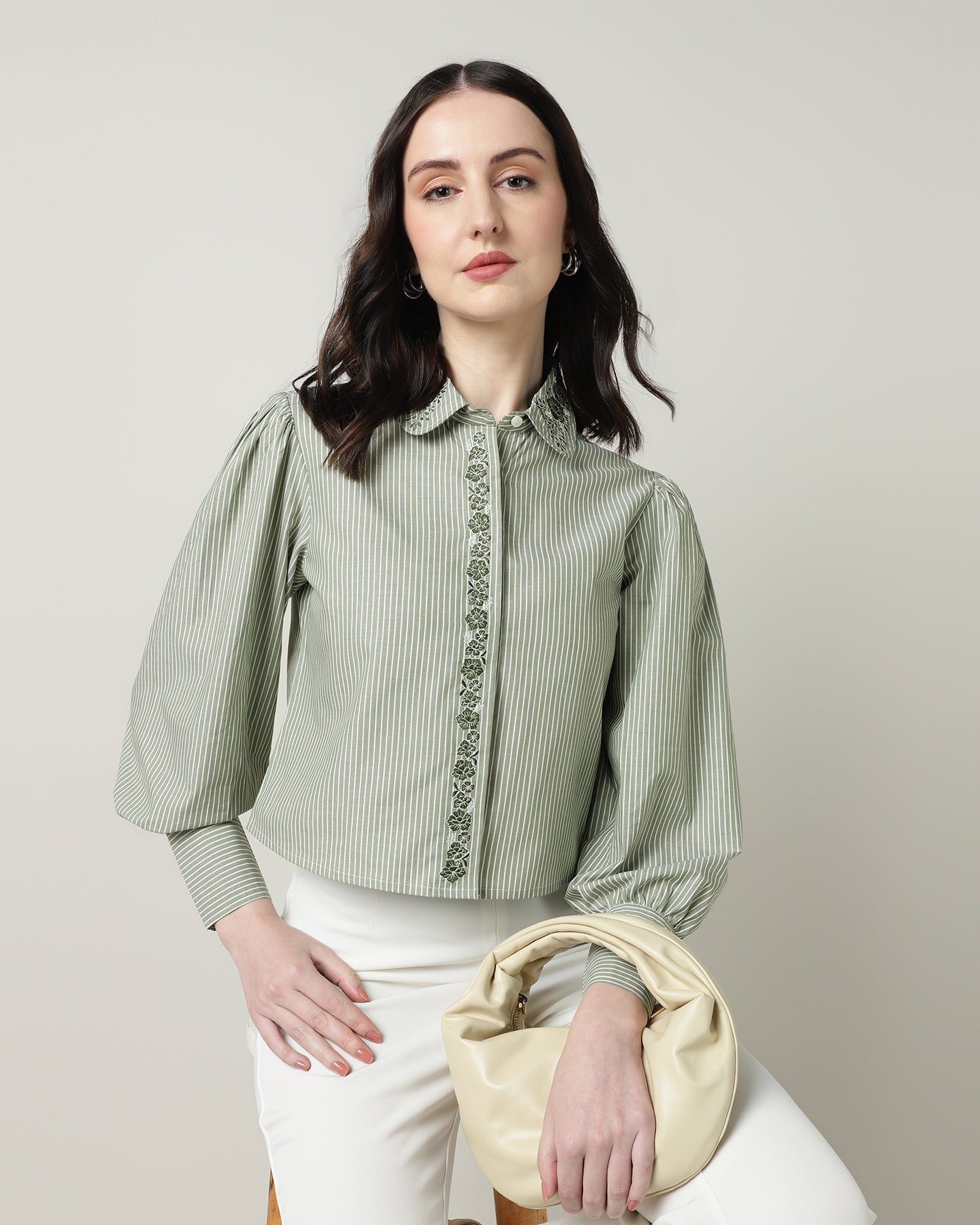 Women’s Green &amp; White Striped Embroidered Crop Shirt -3093