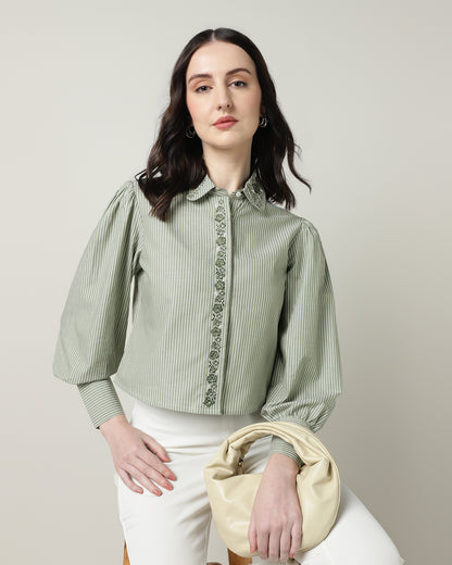 Women’s Green &amp; White Striped Embroidered Crop Shirt -3093