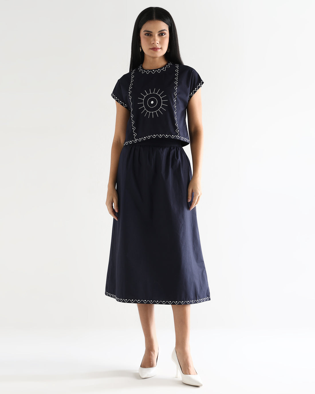 Women’s Embroidered Navy Blue Mock-Neck Crop Top &amp; knotted Skirt Co-ord Set - 3111