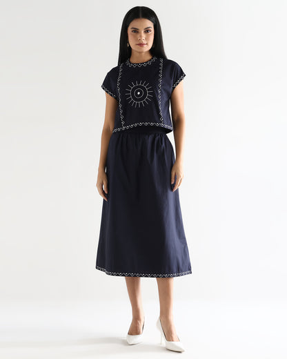 Women’s Embroidered Navy Blue Mock-Neck Crop Top &amp; knotted Skirt Co-ord Set - 3111
