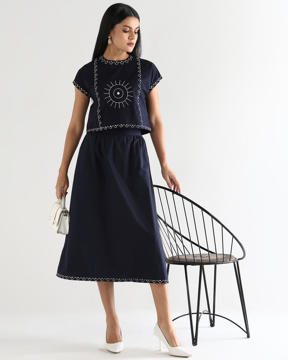 Women’s Embroidered Navy Blue Mock-Neck Crop Top &amp; knotted Skirt Co-ord Set - 3111