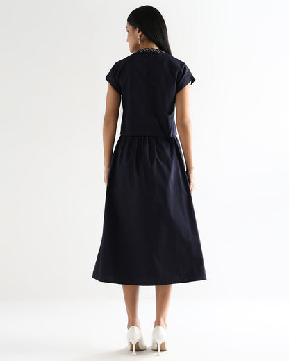 Women’s Embroidered Navy Blue Mock-Neck Crop Top &amp; knotted Skirt Co-ord Set - 3111