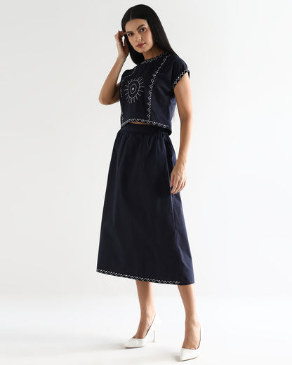 Women’s Embroidered Navy Blue Mock-Neck Crop Top &amp; knotted Skirt Co-ord Set - 3111
