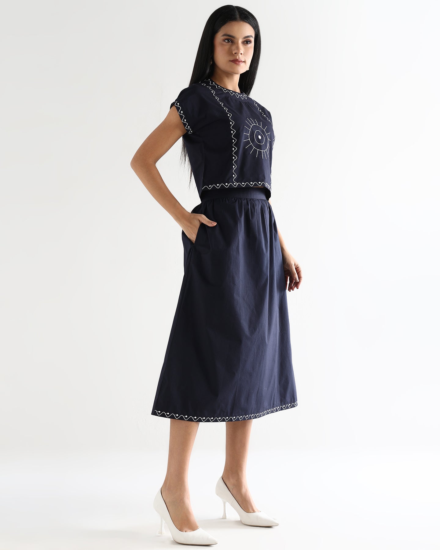 Women’s Embroidered Navy Blue Mock-Neck Crop Top &amp; knotted Skirt Co-ord Set - 3111