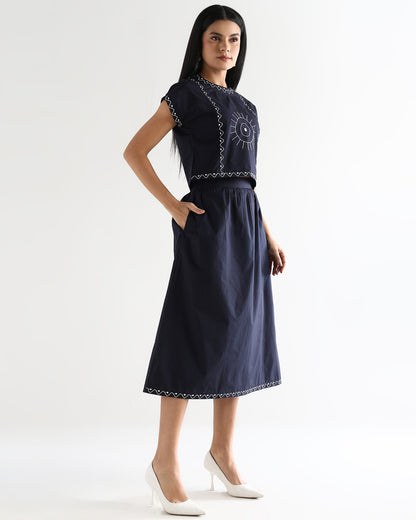 Women’s Embroidered Navy Blue Mock-Neck Crop Top &amp; knotted Skirt Co-ord Set - 3111