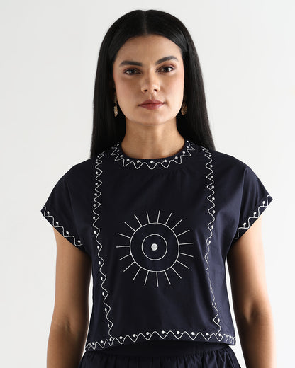 Women’s Embroidered Navy Blue Mock-Neck Crop Top &amp; knotted Skirt Co-ord Set - 3111