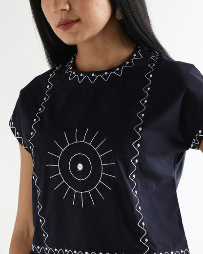 Women’s Embroidered Navy Blue Mock-Neck Crop Top &amp; knotted Skirt Co-ord Set - 3111