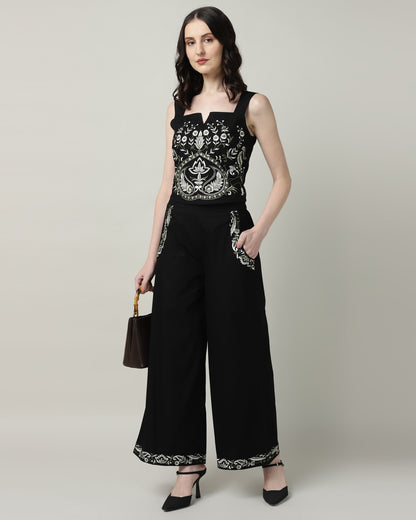 Women’s Black Embroidered Wide-Leg Trousers-3103