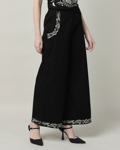 Women’s Black Embroidered Wide-Leg Trousers-3103