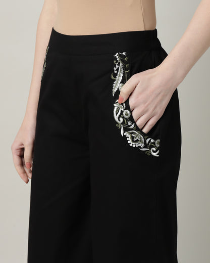 Women’s Black Embroidered Wide-Leg Trousers-3103