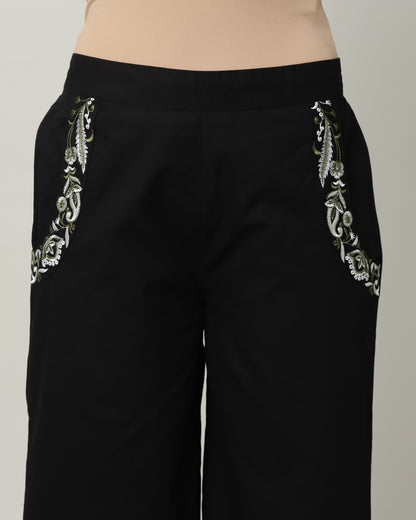 Women’s Black Embroidered Wide-Leg Trousers-3103