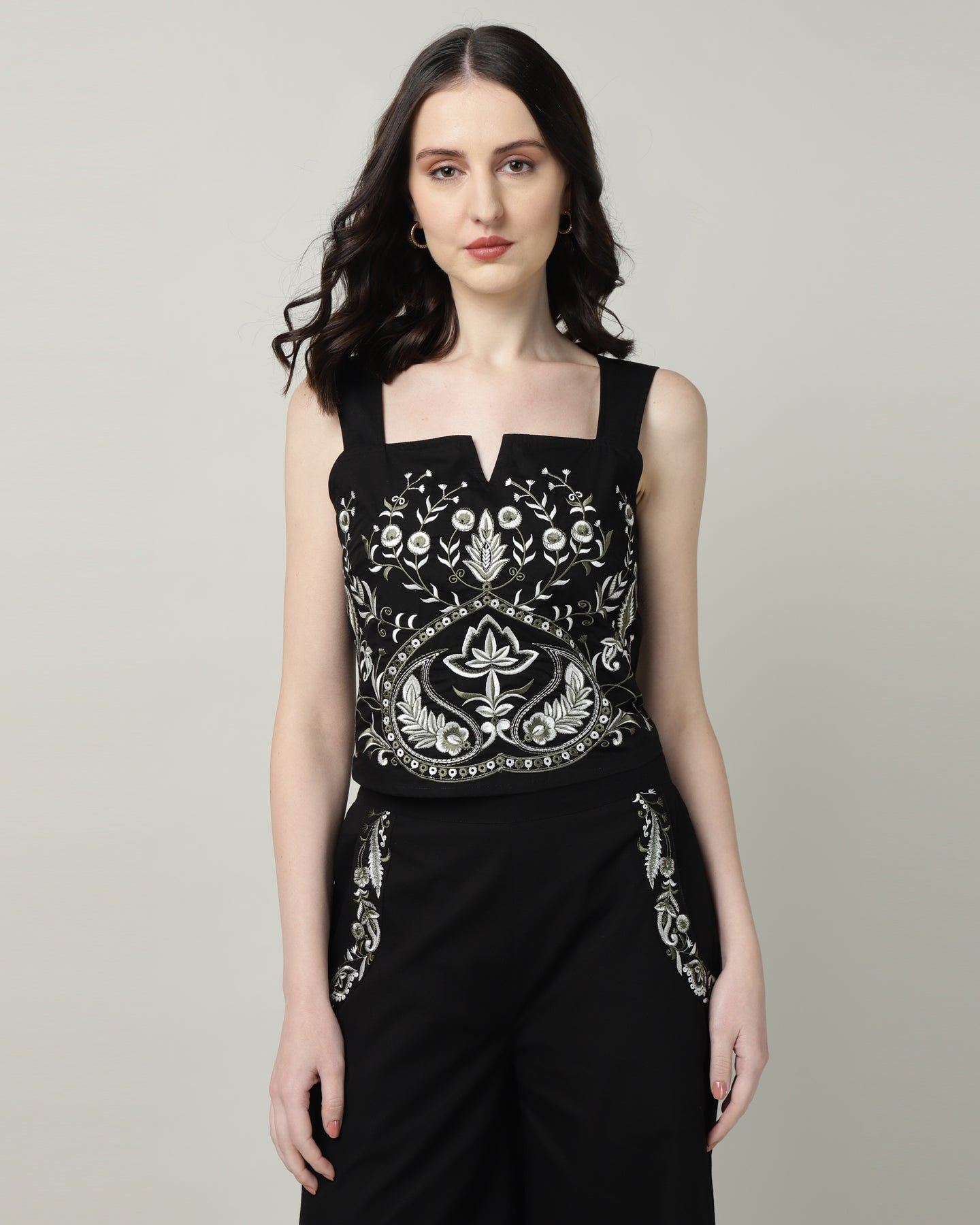 Black Poplin Embroidered Co-ord Set for Women - 3104