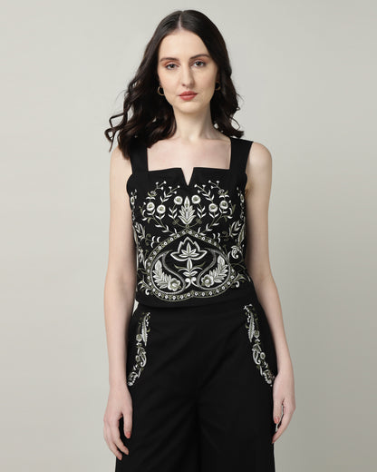 Black Poplin Embroidered Co-ord Set for Women - 3104