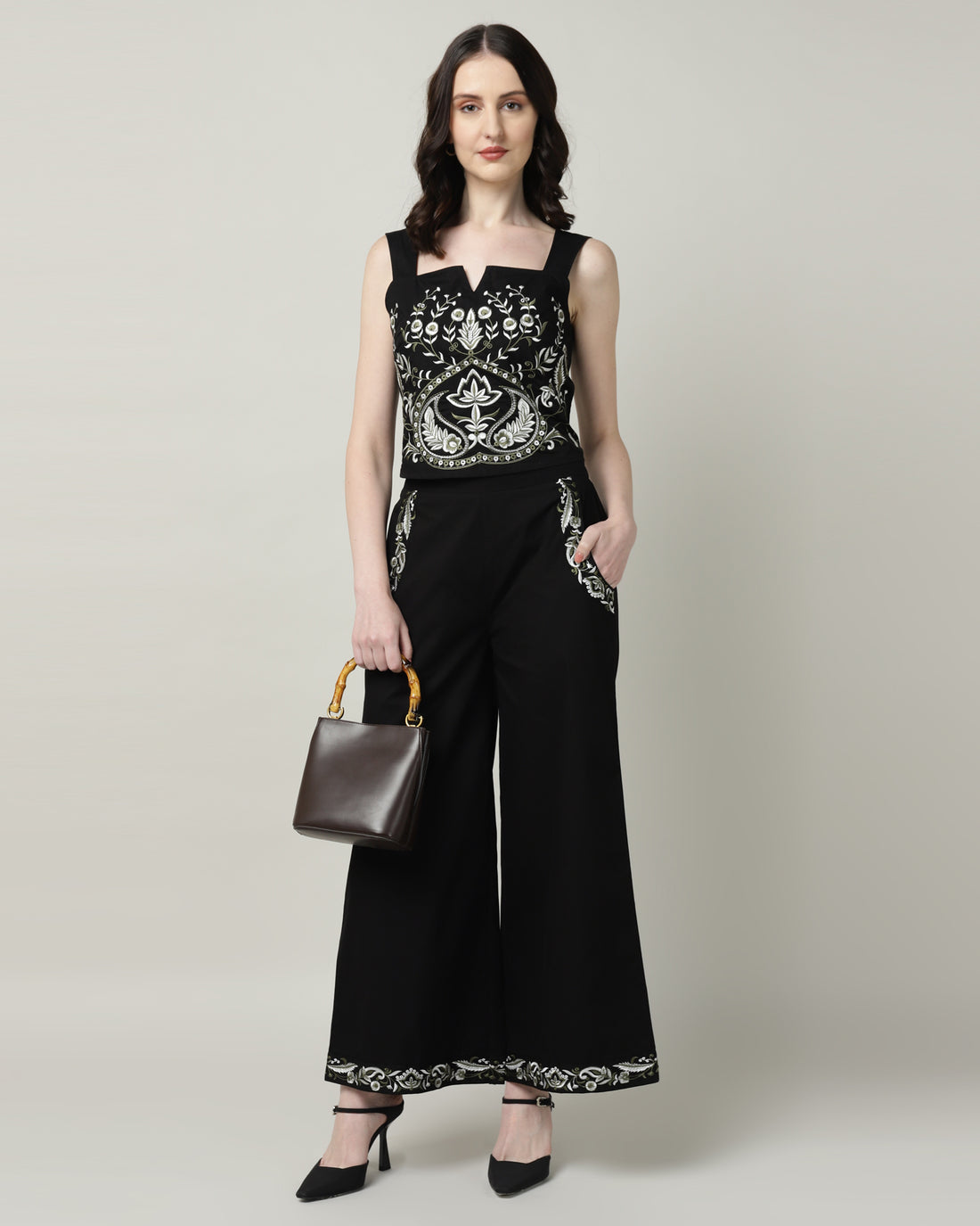 Black Poplin Embroidered Co-ord Set for Women - 3104