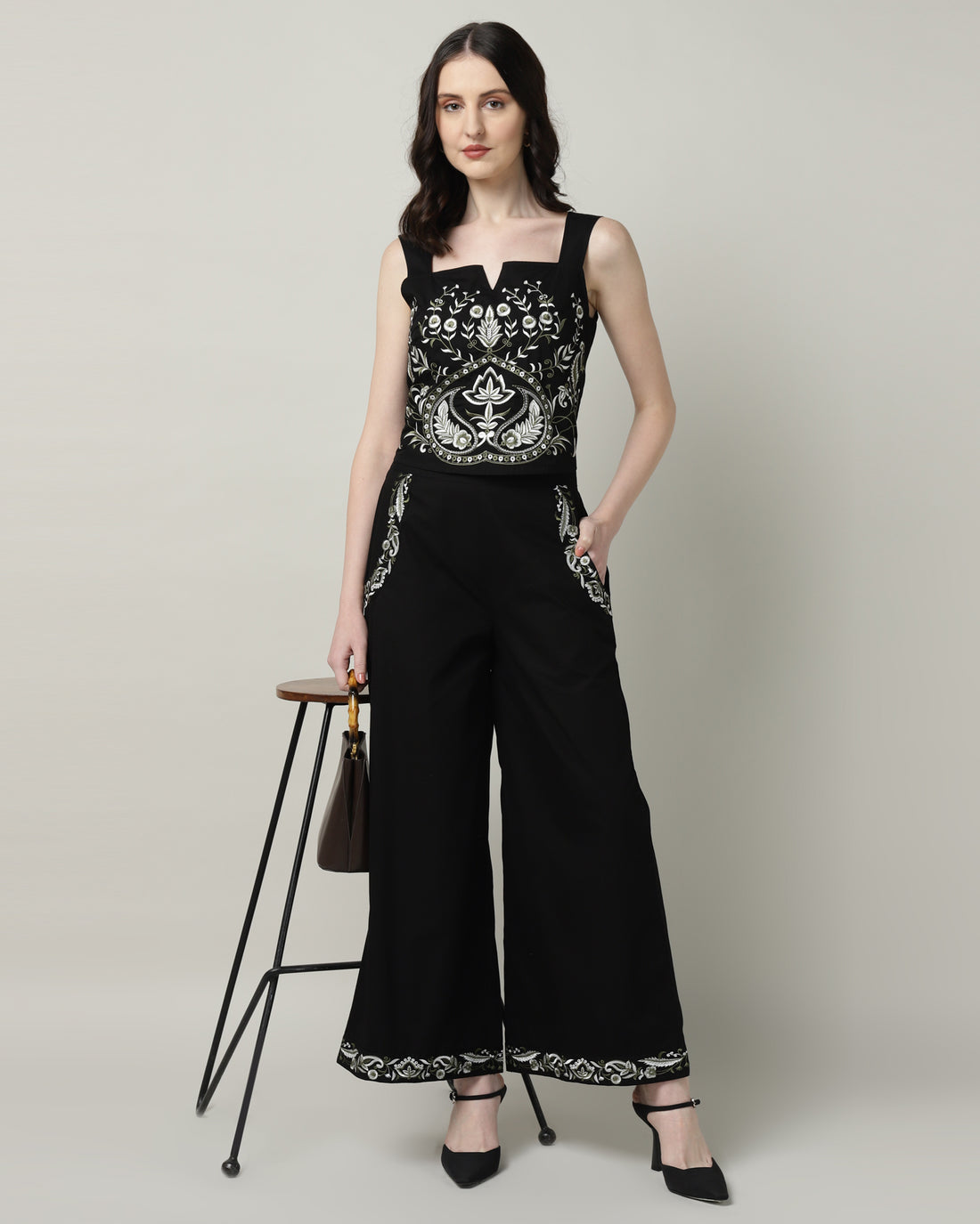 Black Poplin Embroidered Co-ord Set for Women - 3104