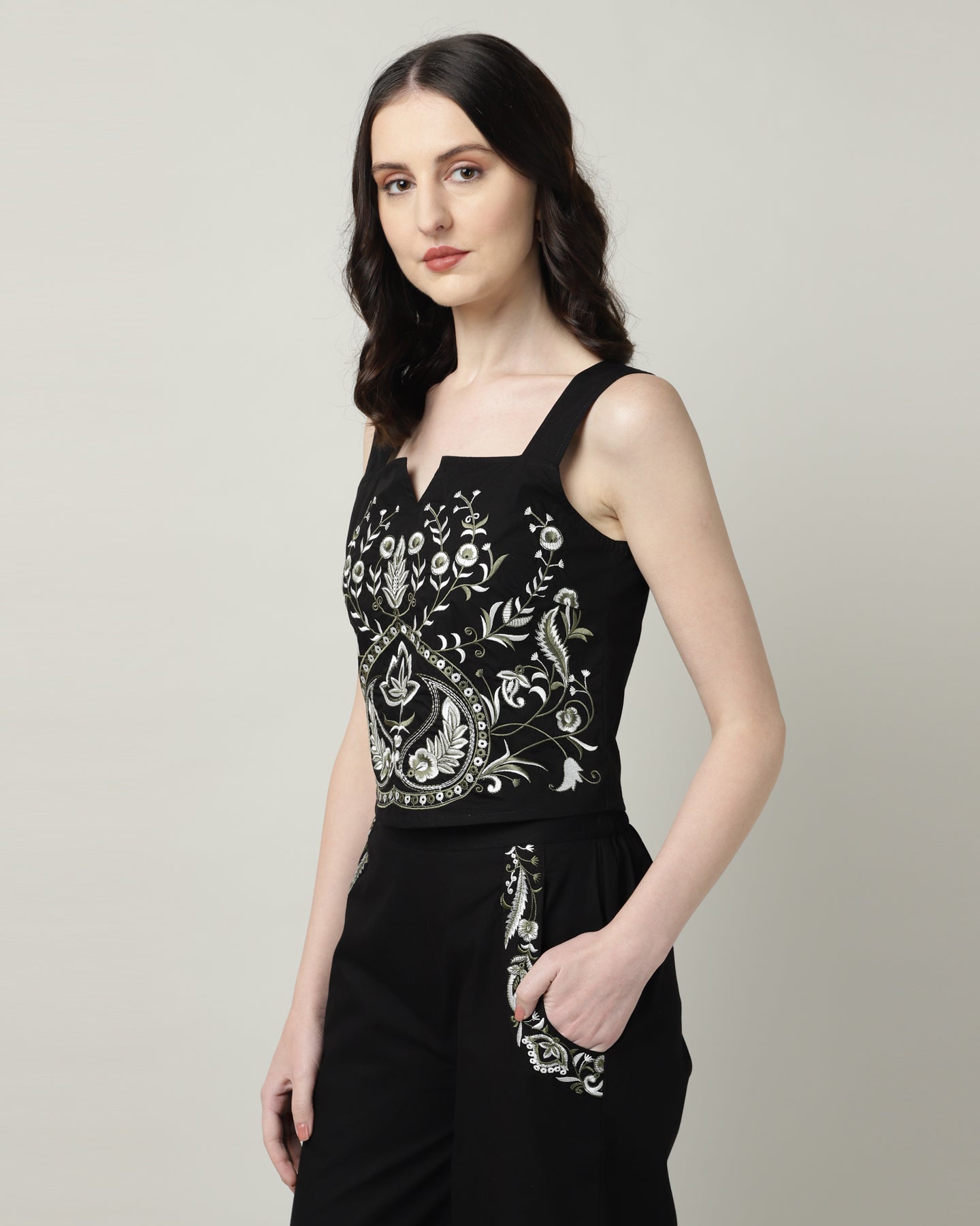Black Poplin Embroidered Co-ord Set for Women - 3104