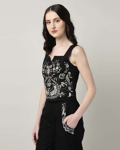 Black Poplin Embroidered Co-ord Set for Women - 3104