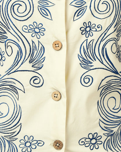 Women’s Blue Embroidered V-Neck Ivory Vest-3076