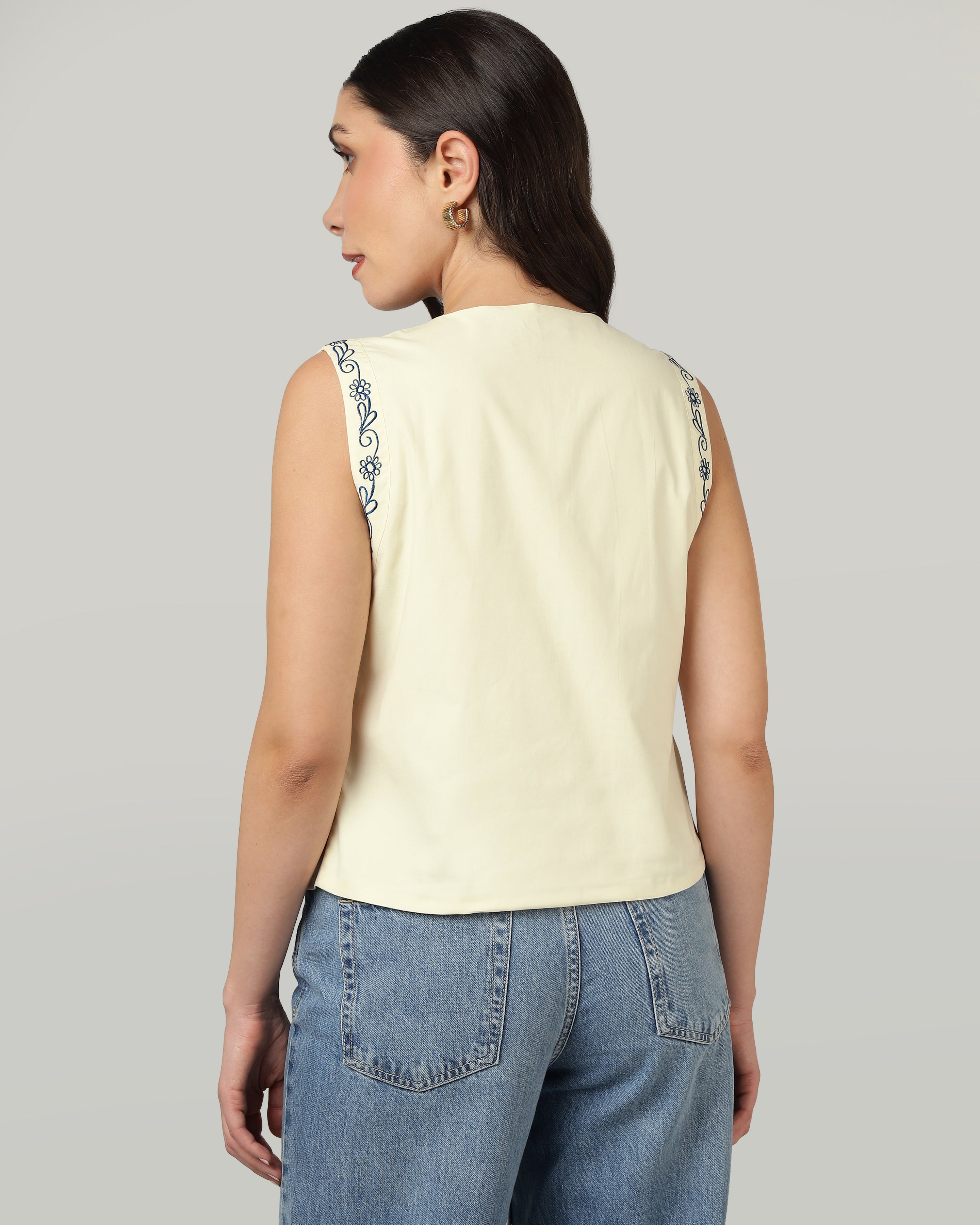 Women’s Blue Embroidered V-Neck Ivory Vest-3076