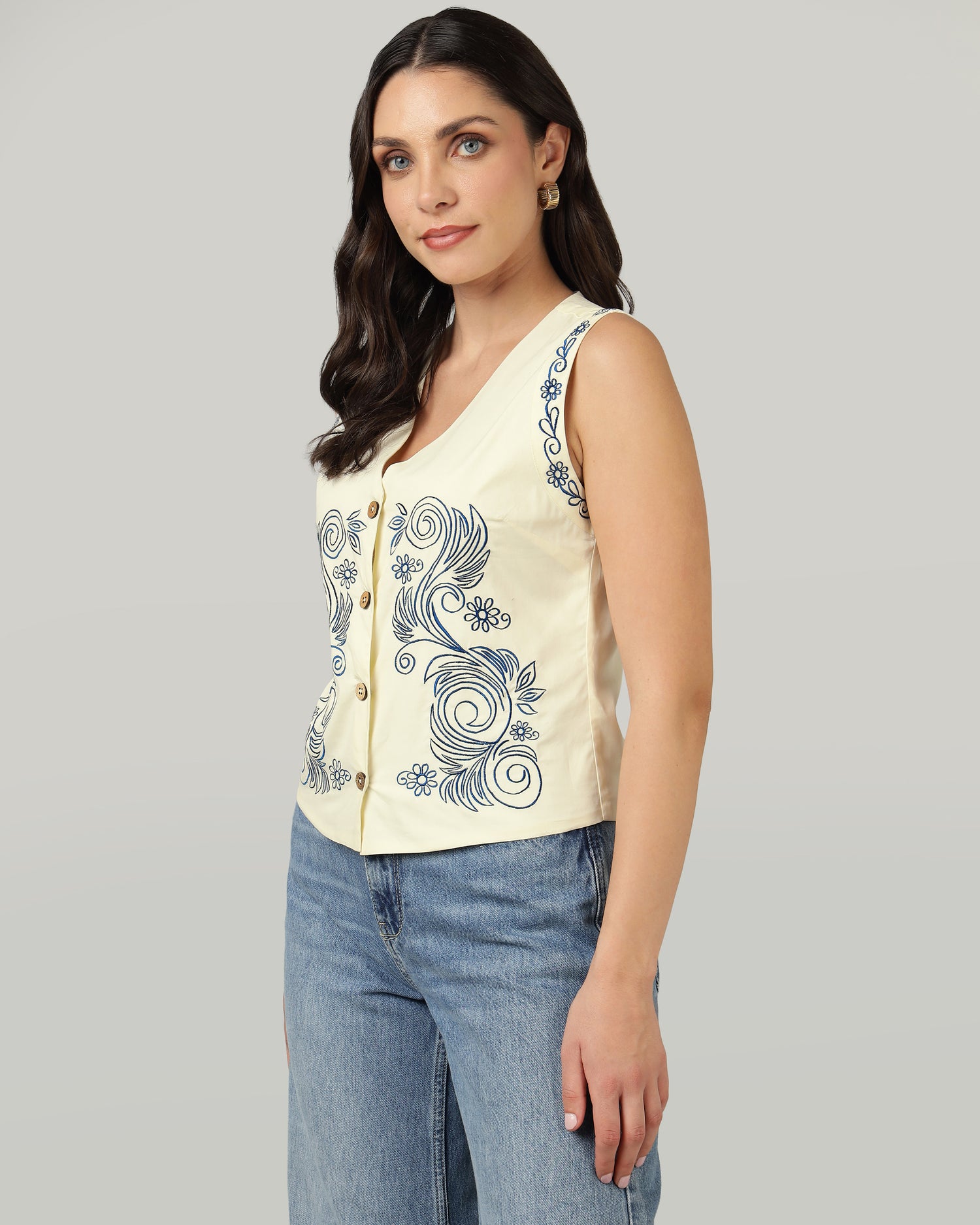 Women’s Blue Embroidered V-Neck Ivory Vest-3076