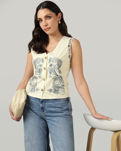 Women’s Blue Embroidered V-Neck Ivory Vest-3076