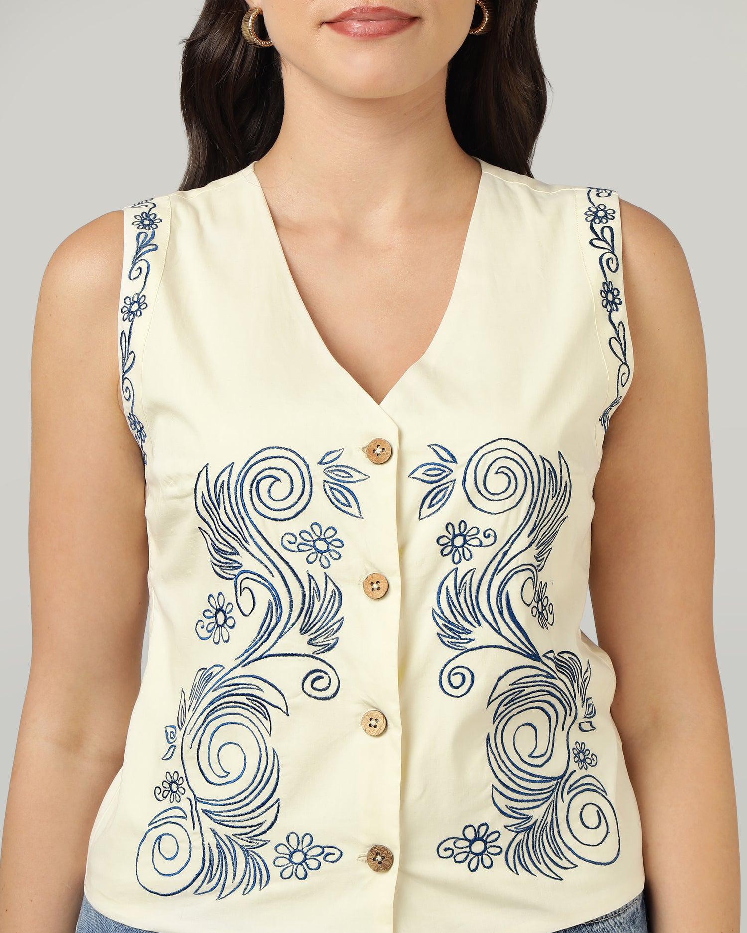 Women’s Blue Embroidered V-Neck Ivory Vest-3076