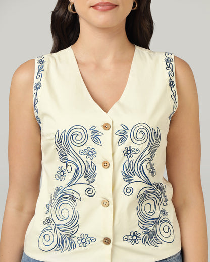 Women’s Blue Embroidered V-Neck Ivory Vest-3076
