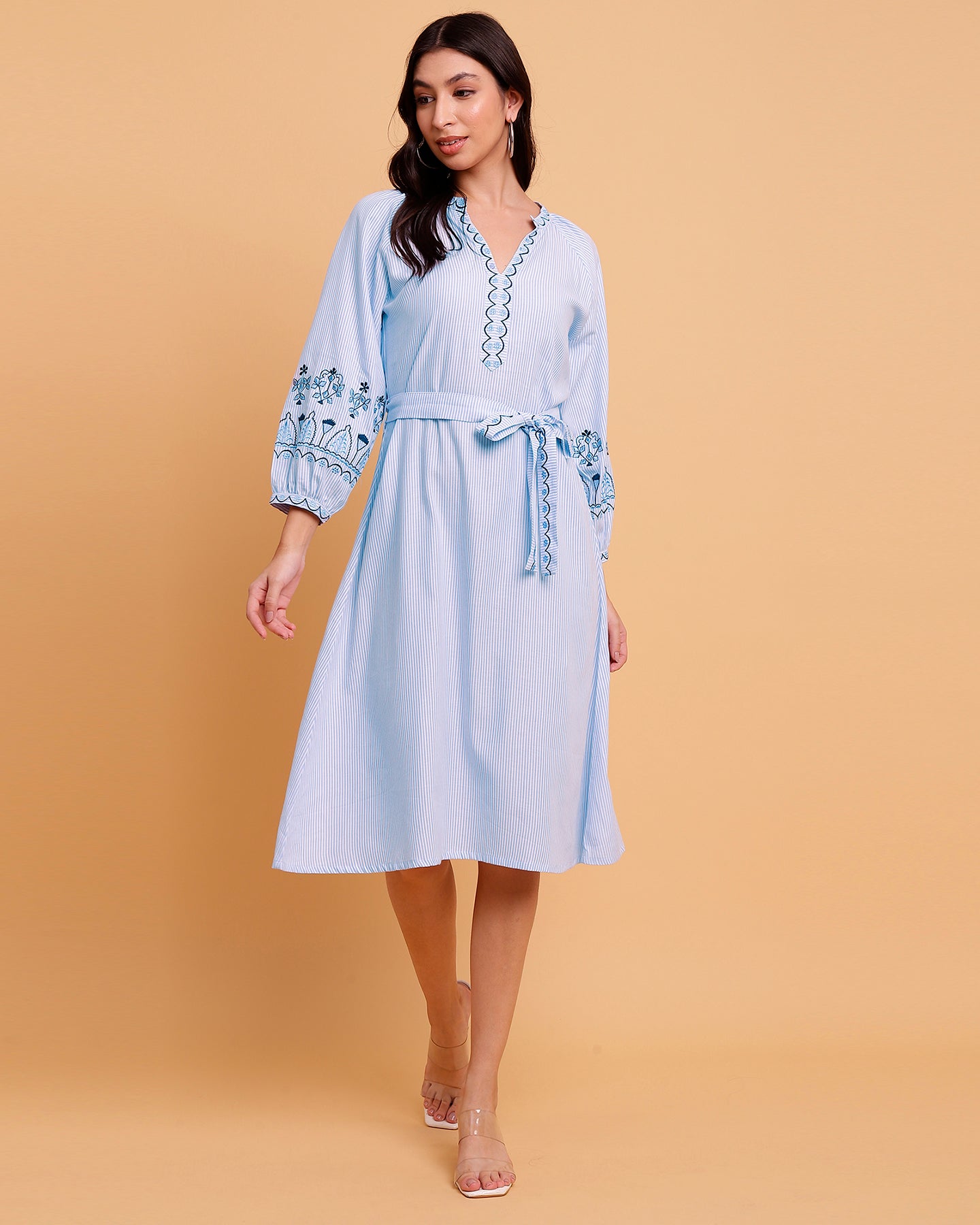 Blue Stripes Embroidered Dress with Detachable Belt - 1571