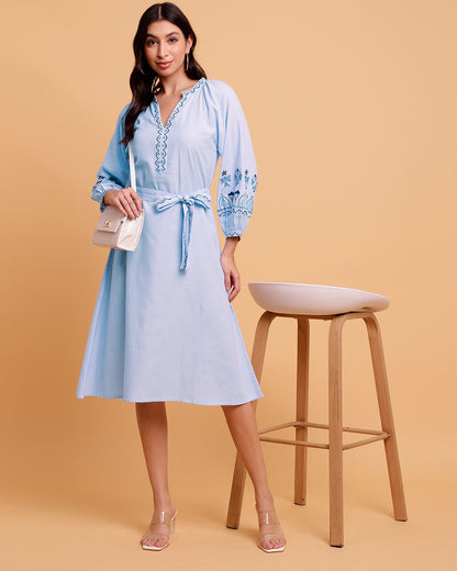 Blue Stripes Embroidered Dress with Detachable Belt - 1571