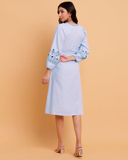 Blue Stripes Embroidered Dress with Detachable Belt - 1571