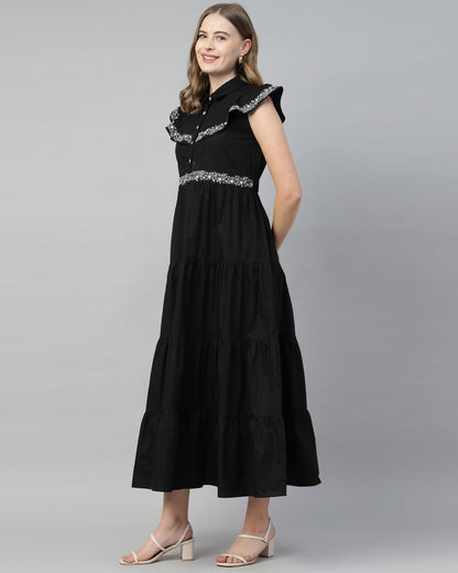 4 TIER LONG BLACK EMBROIDERED DRESS - 2964