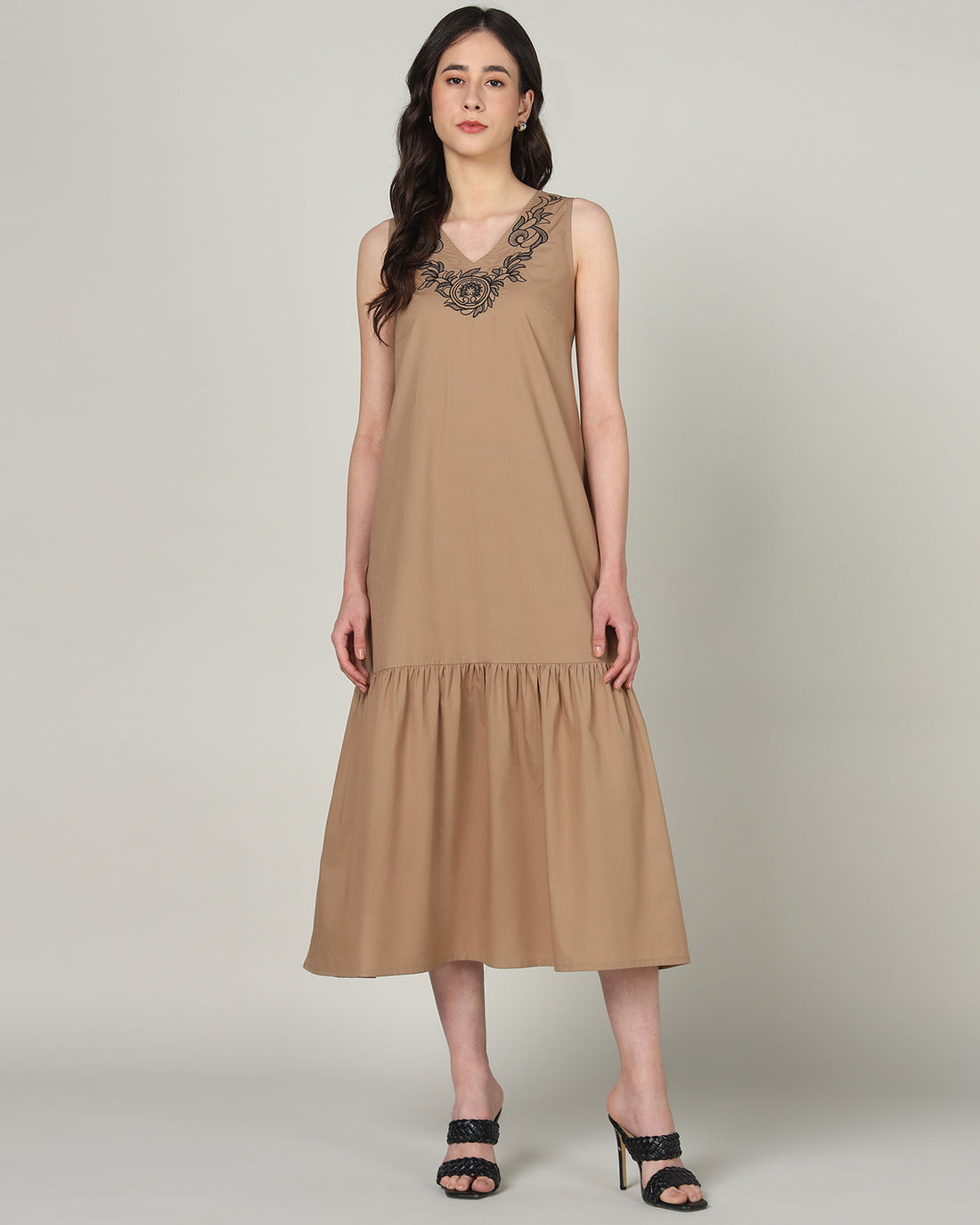 Women’s Mocha Embroidered Sleeveless Maxi Dress with Gathered Hem -Casual Day Wear - 3089