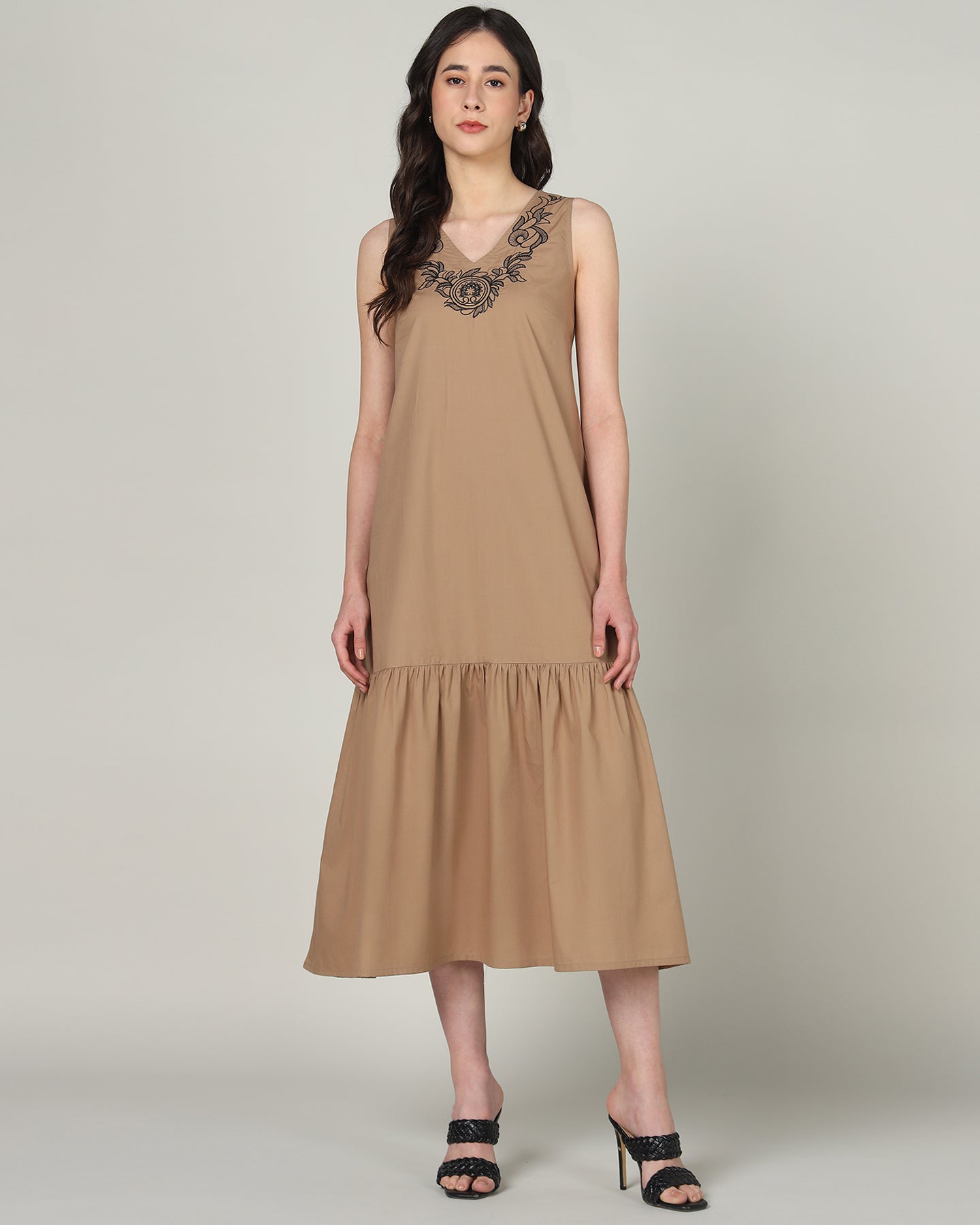 Women’s Mocha Embroidered Sleeveless Maxi Dress with Gathered Hem -Casual Day Wear - 3089