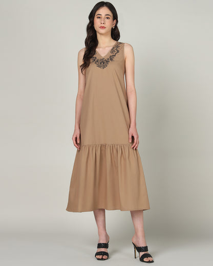 Women’s Mocha Embroidered Sleeveless Maxi Dress with Gathered Hem -Casual Day Wear - 3089