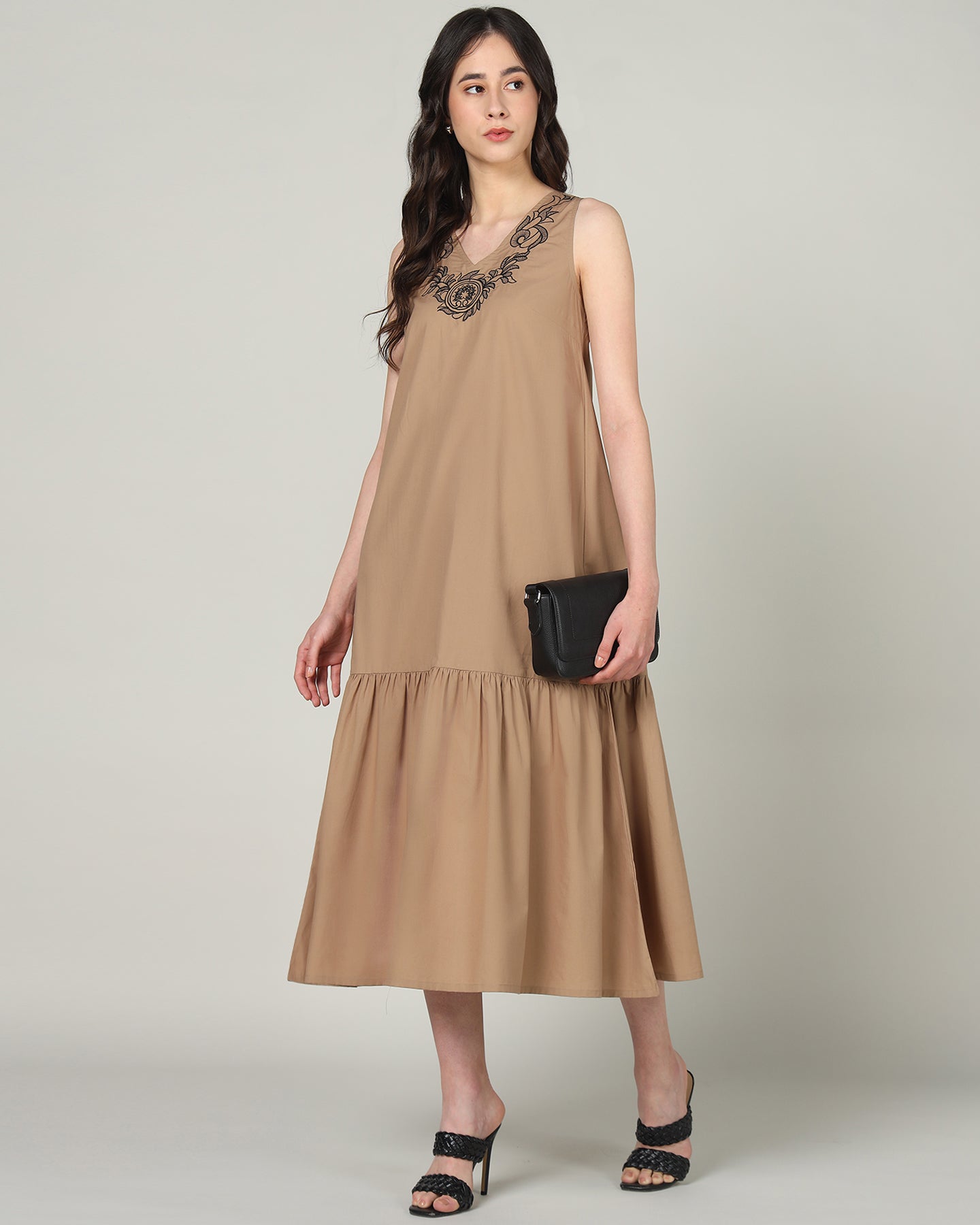 Women’s Mocha Embroidered Sleeveless Maxi Dress with Gathered Hem -Casual Day Wear - 3089